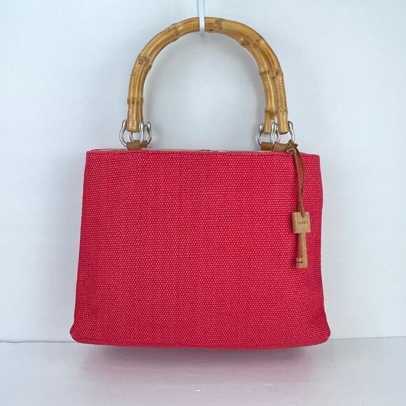 Fossil Bamboo Wooden Handle Woven Satchel Coral Salmon Pink Purse Hand Bag - Picture 1 of 11